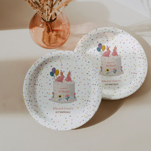 Pastel-Hasen-Zwillinge 1. Geburtstagsfeier Pappteller