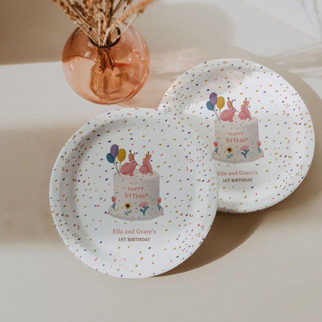 Pastel-Hasen-Zwillinge 1. Geburtstagsfeier Pappteller (Von Creator hochgeladen)