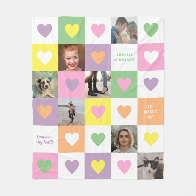 Pastel Heart Checkerboard Couple's Foto Geschenk Fleecedecke (Vorderseite)