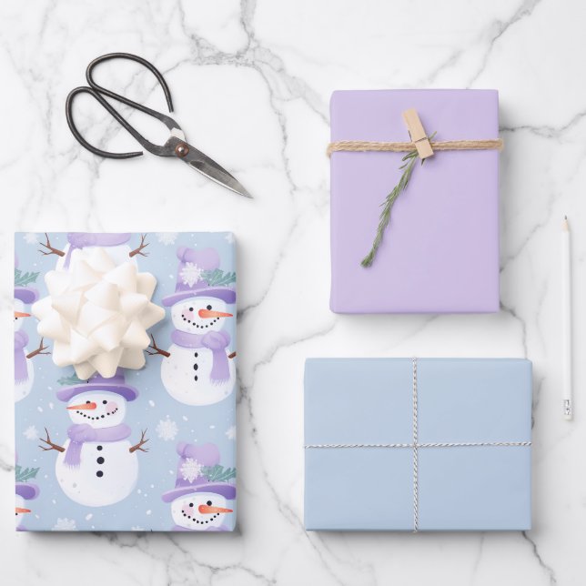 Pastel Holiday Snowman Ergänzendes Set von 3 Niedl Geschenkpapier Set (Vorderseite)