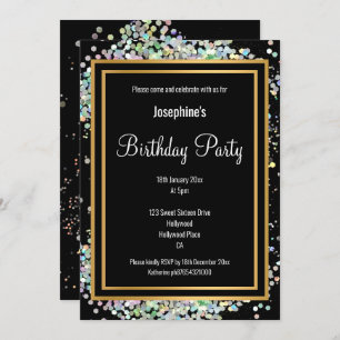 PASTEL HOLOGRAPHIC ALL BLACK PINK GOLD GEBURTSTAG EINLADUNG