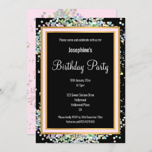 PASTEL HOLOGRAPHIC BLACK PINK GOLD GEBURTSTAG EINLADUNG