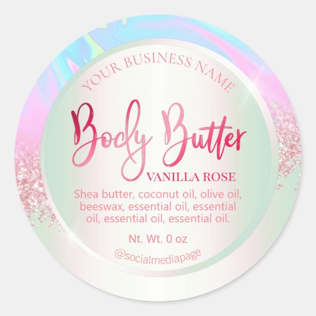 Pastel Holographic Pink Glitzer Body Butter Labels Runder Aufkleber (Vorderseite)