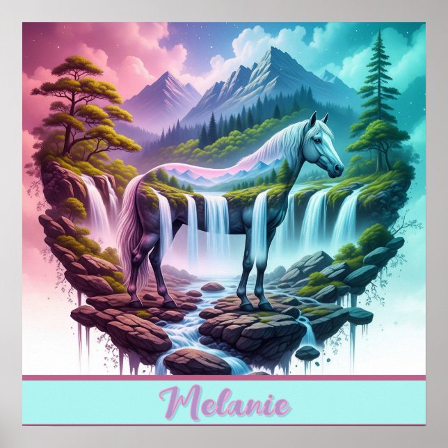 Pastel Horse Waterfall Fantasy Landschaft Poster (Vorne)