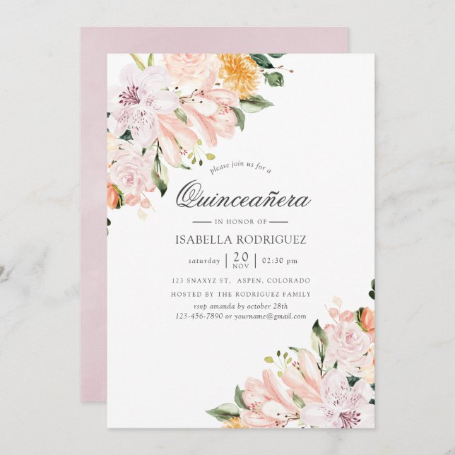 Pastel Hues Floral Quinceañera Einladung (Vorne/Hinten)