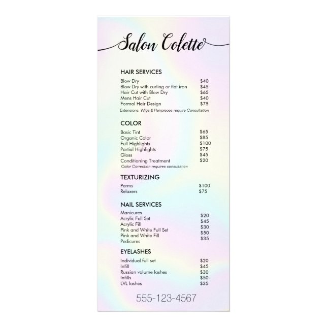 Pastel Iridescent Calligraphy Salon Service Menu Werbekarte (Vorne)