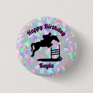 Pastel Iridescent Happy Birthday Horse Girl Button
