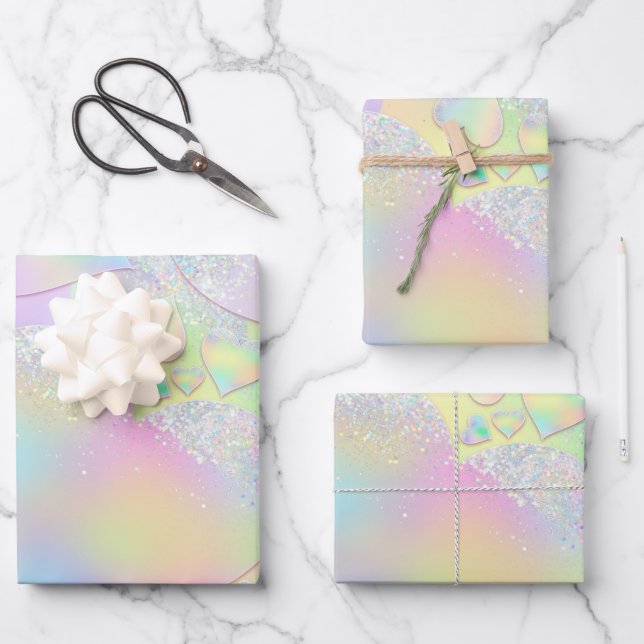Pastel Iridescent Herz Gemustert Geschenkpapier Set (Vorderseite)