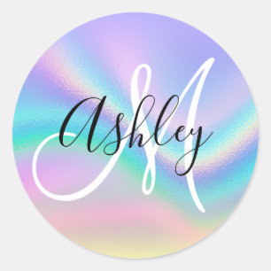 Pastel Iridescent Rainbow Wave Ombre Foil Monogram Runder Aufkleber