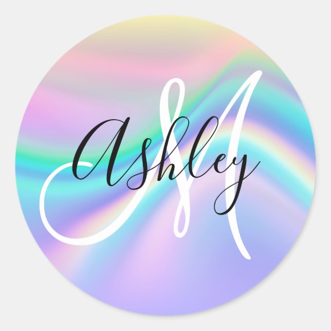 Pastel Iridescent Rainbow Wave Ombre Monogram Runder Aufkleber (Vorderseite)