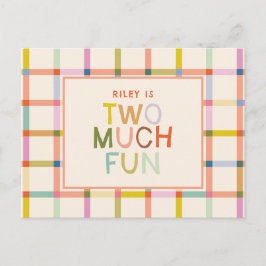 Pastel Kariert "Two Much Fun" 2. Geburtstag Einladungspostkarte