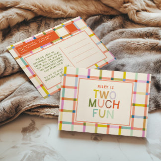 Pastel Kariert "Two Much Fun" 2. Geburtstag Einladungspostkarte