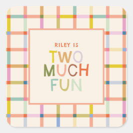 Pastel Kariert "Two Much Fun" 2. Geburtstag Quadratischer Aufkleber