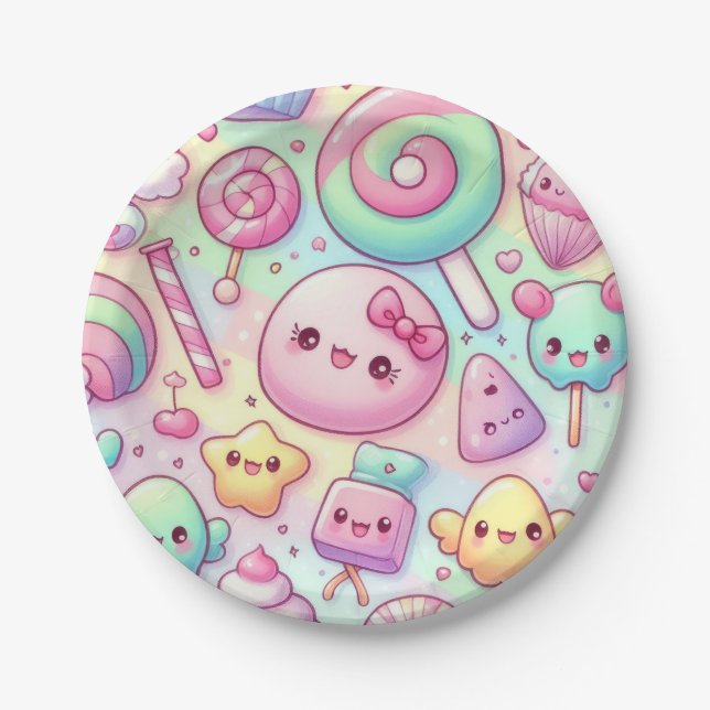 Pastel Kawaii Candy Pattern Kindergeburtstag Party Pappteller (Vorderseite)