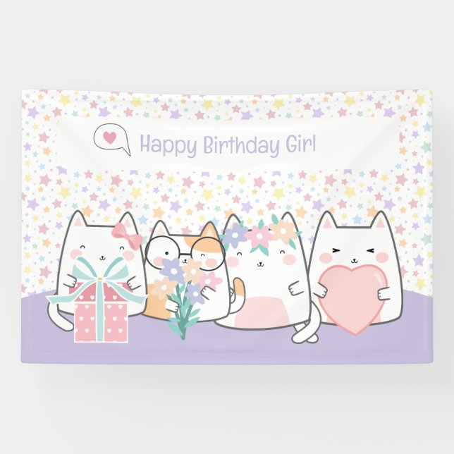 Pastel Kawaii Cat Fiends Grußfreund Cartoon Doodle Banner (Horizontal)