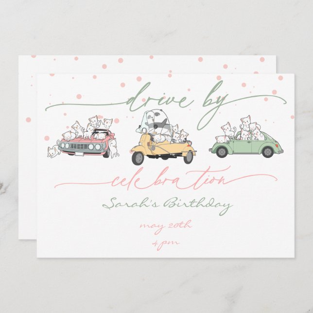 Pastel Kawaii Cats Überraschungsfeier Parade Einladung (Vorne/Hinten)