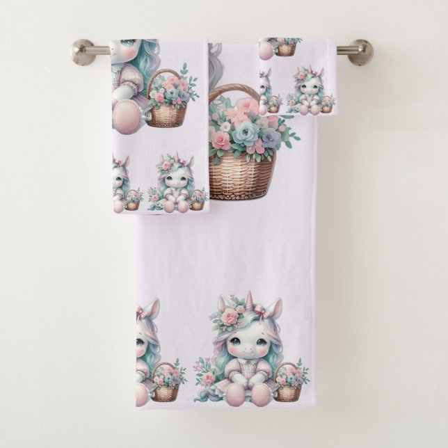 Pastel Kawaii Unicorn Doll with Flower Basket Badhandtuch Set (Insitu)