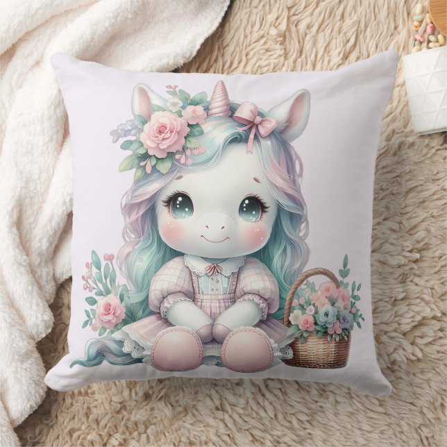 Pastel Kawaii Unicorn Doll with Flower Basket Kissen (Decke)