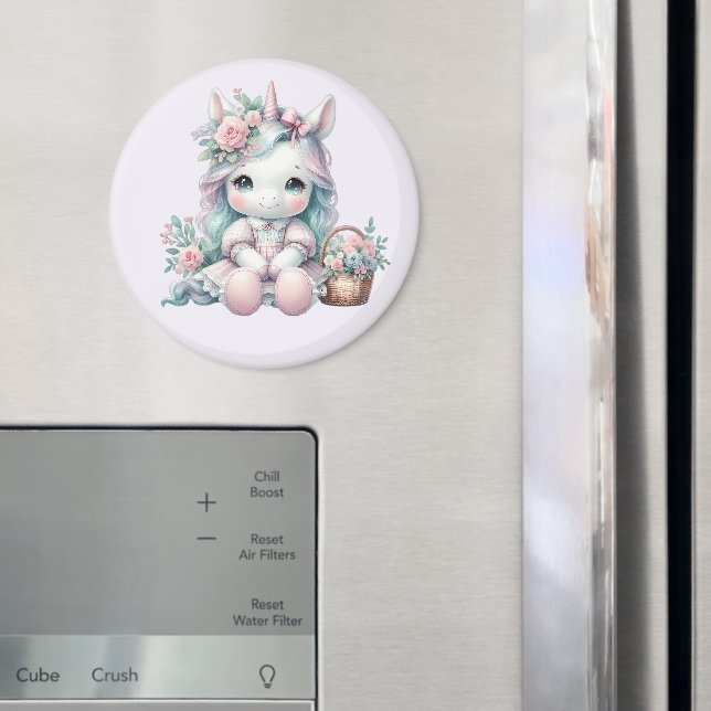 Pastel Kawaii Unicorn Doll with Flower Basket Magnet (In Situ (Kühlschrank))