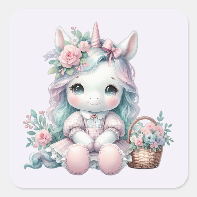 Pastel Kawaii Unicorn Doll with Flower Basket Quadratischer Aufkleber (Vorderseite)