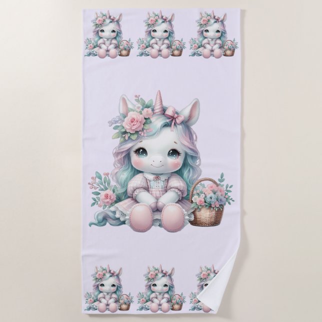Pastel Kawaii Unicorn Doll with Flower Basket Strandtuch (Vorderseite)