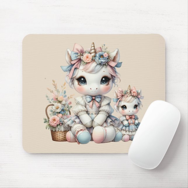 Pastel Kawaii Unicorn Mutter Tochter Duo Beige Mousepad (Mit Mouse)