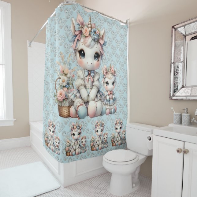 Pastel Kawaii Unicorn Mutter Tochter Duo Blue Duschvorhang (Beispiel)