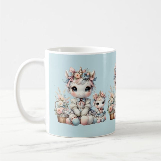 Pastel Kawaii Unicorn Mutter Tochter Duo Blue Kaffeetasse (Links)