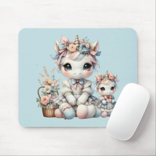Pastel Kawaii Unicorn Mutter Tochter Duo Blue Mousepad