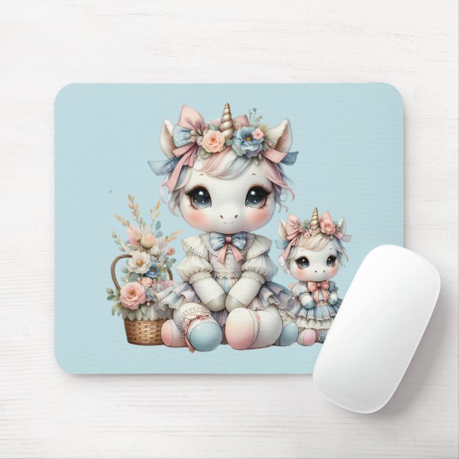 Pastel Kawaii Unicorn Mutter Tochter Duo Blue Mousepad (Mit Mouse)