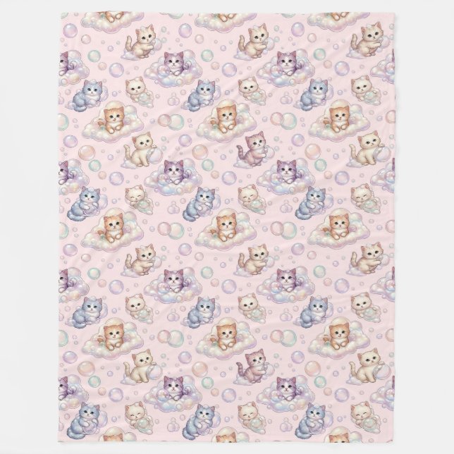 Pastel Kitten & Soap Bubble Nahtlos Fleecedecke (Vorderseite)
