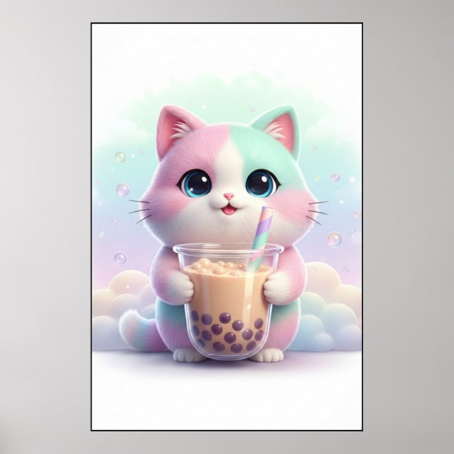 Pastel Kitty with Bubble Tea Art Poster (Vorne)