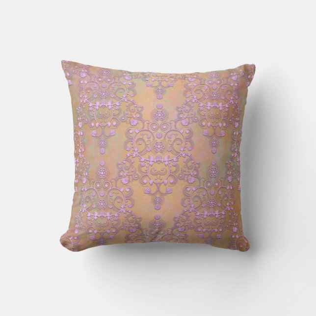 Pastel Lavender über Peachy Gold Lace Damask Kissen (Vorderseite)