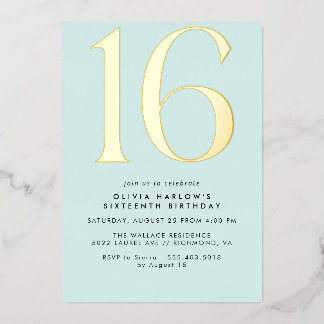 Pastel Light Blue & Gold | Simple Cute Sweet 16 Folieneinladung