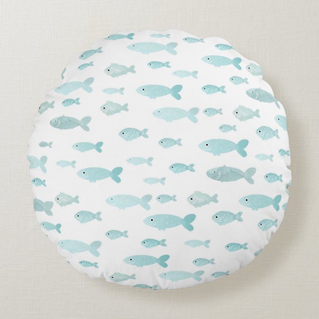 Pastel Light Blue Watercolor Fish Muster Rundes Kissen (Vorderseite)