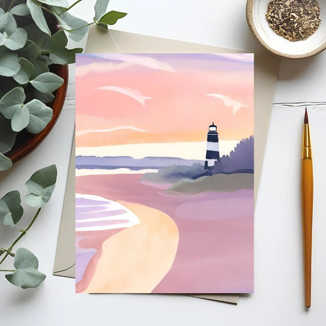 Pastel Lighthouse | Küstenstrand Wasserfarbe Postkarte (Von Creator hochgeladen)