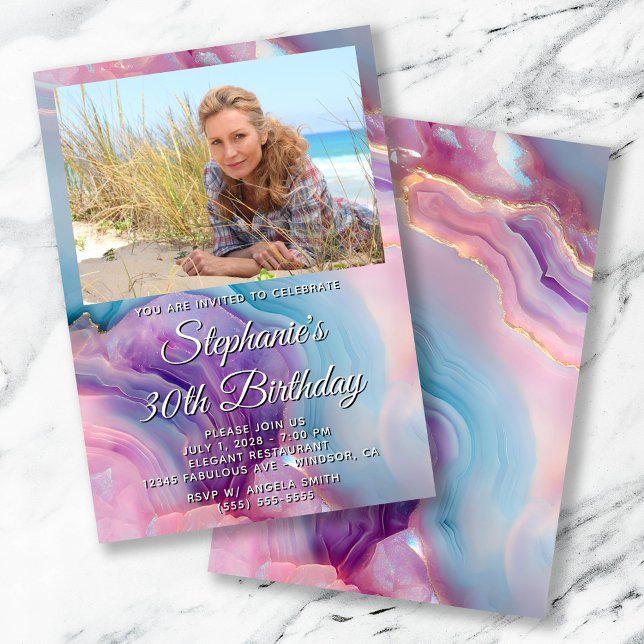 Pastel Lila Agate Foto Grenze 30. Geburtstag Einladung (Pastel Purple Agate Photo Border 30th Birthday Invitation)
