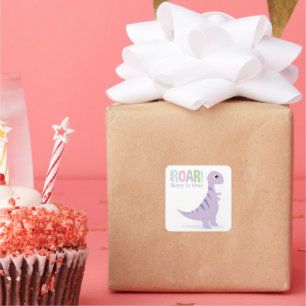 Pastel Lila Baby Dinosaurs Roar Geburtstagsparty Quadratischer Aufkleber