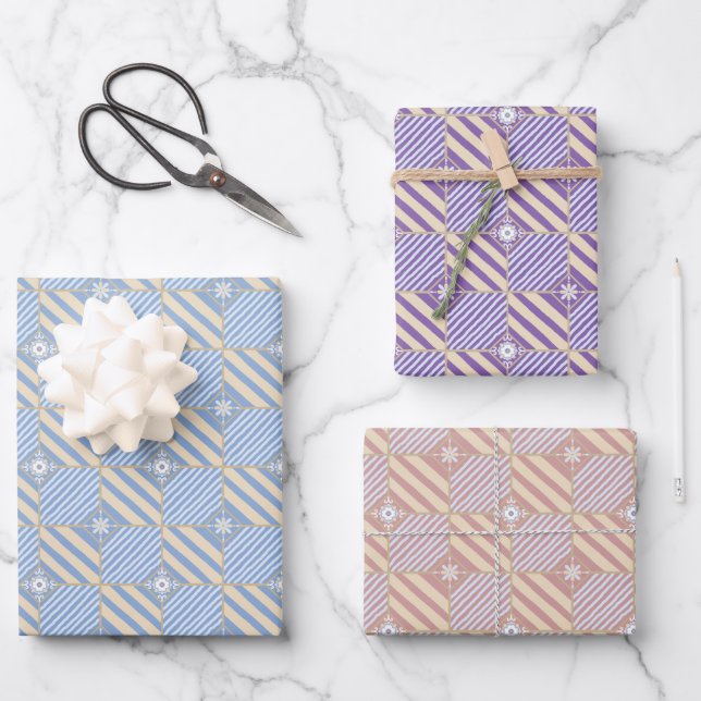 Pastel Lila Blue Pink Geometric Batik Muster Geschenkpapier Set (Vorderseite)
