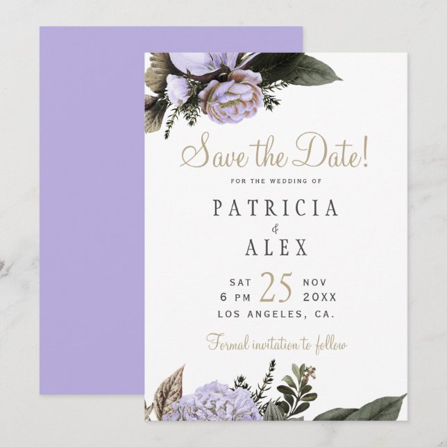 Pastel lila, blumengeschmückte Hochzeit Save the D Date (Vorne/Hinten)