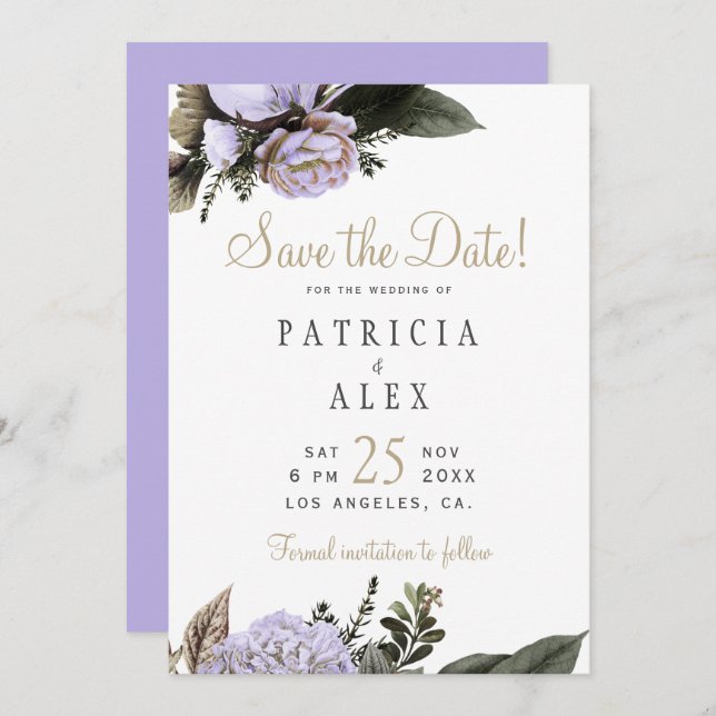 Pastel lila, blumengeschmückte Hochzeit Save the D Save The Date (Vorne/Hinten)