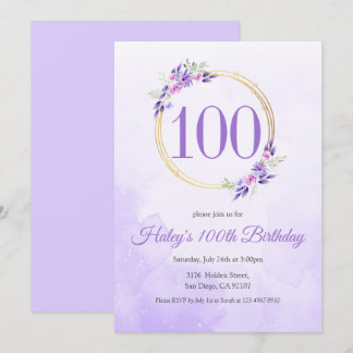 Pastel Lila Floral Golden Kranz 100. Geburtstag Einladung