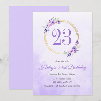 Pastel Lila Floral Golden Kranz 23. Geburtstag Einladung
