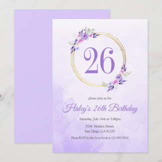 Pastel Lila Floral Golden Kranz 26. Geburtstag Einladung