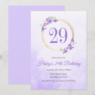 Pastel Lila Floral Golden Kranz 29. Geburtstag Einladung