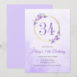 Pastel Lila Floral Golden Kranz 34. Geburtstag Einladung