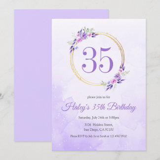 Pastel Lila Floral Golden Kranz 35. Geburtstag Einladung