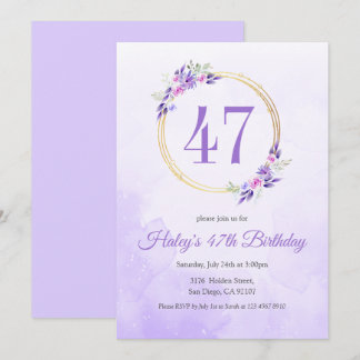 Pastel Lila Floral Golden Kranz 47. Geburtstag Einladung