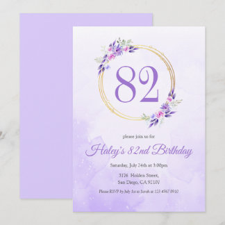 Pastel Lila Floral Golden Kranz 82. Geburtstag Einladung