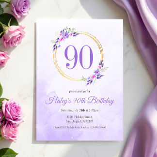 Pastel Lila Floral Golden Kranz 90. Geburtstag Einladung